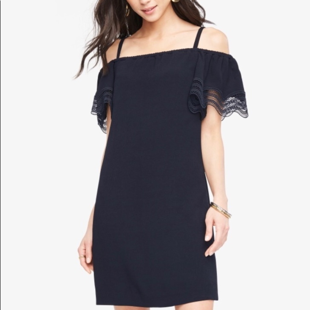 Ann Taylor’s Cold Shoulder Eyelet Trim Shift Dress